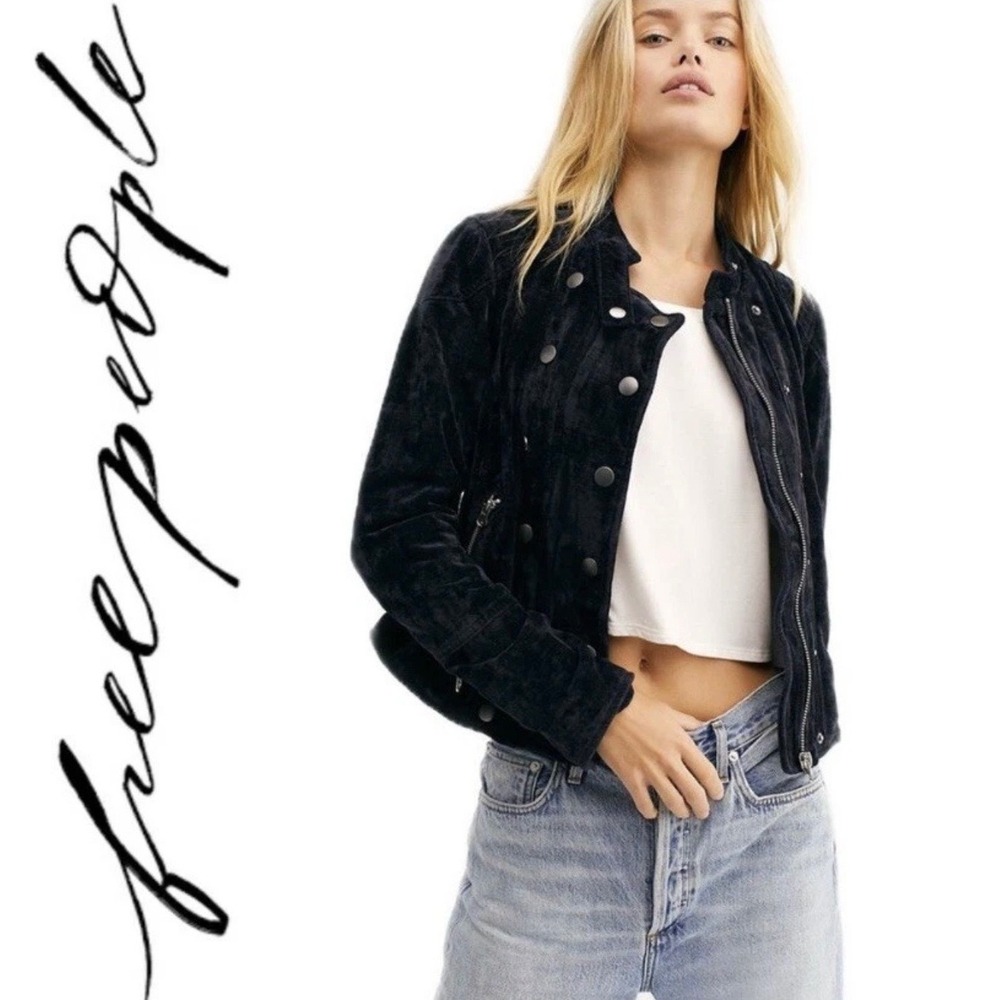 Free People Black Velvet Military Moto Jacket Double Breasted Zip Front X-Small